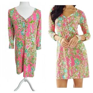 Lilly Pulitzer Palmetto V Neck Mini Dress Hot Spot Pink Floral 3/4 Sleeve M